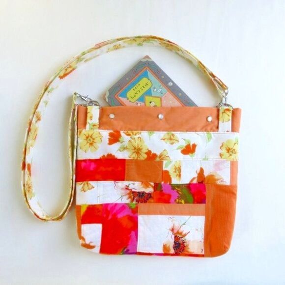 Patchwork Book Bag -Tote - Orange - Upcycled - Handmade - Boho Hippie Retro NEW  - Picture 1 of 12